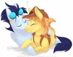 Size: 784x621 | Tagged: safe, artist:kendraw, derpibooru import, braeburn, soarin', earth pony, pegasus, pony, cuddling, cute, eyes closed, gay, goggles, happy, hat, heart, kissing, male, prone, shipping, soarburn