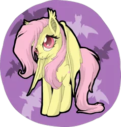 Size: 952x1000 | Tagged: safe, artist:bananasplitzel, derpibooru import, fluttershy, bat, bat pony, pony, bats!, bat ponified, fangs, flutterbat, race swap, solo