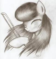 Size: 1054x1092 | Tagged: artist:nika191319, bow (instrument), bust, derpibooru import, eyes closed, grayscale, monochrome, octavia melody, portrait, safe, solo, traditional art