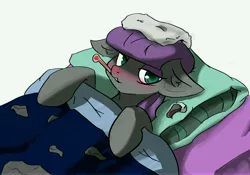 Size: 10000x7000 | Tagged: absurd resolution, artist:^:3, bed, blanket, boulder (pet), derpibooru import, drawthread, fever, looking at you, maud pie, /mlp/, on back, pillow, safe, sick, thermometer