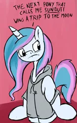 Size: 1024x1644 | Tagged: artist:greenfinger, butt, clothes, derpibooru import, don't call me sunbutt, grumpy, hoodie, princess celestia, safe, solo, sunbutt