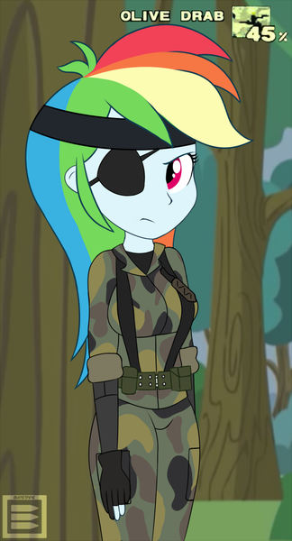 Size: 517x958 | Tagged: safe, artist:burstfire, derpibooru import, rainbow dash, equestria girls, pinkie spy (short), big boss, camouflage, eyepatch, konami, metal gear, metal gear solid, metal gear solid 3, naked snake, snake eater, solo