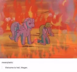 Size: 552x518 | Tagged: derpibooru import, fire, g1, hell, human, megan's fire, megan williams, my little pony 'n friends, semi-grimdark, tumblr, wind whistler, you know for kids