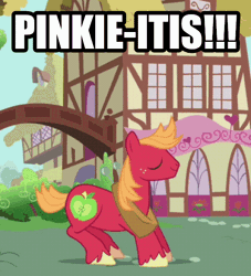 Size: 540x595 | Tagged: safe, derpibooru import, screencap, big macintosh, earth pony, pony, hearts and hooves day (episode), animated, behaving like pinkie pie, bouncing, caption, cute, eyes closed, hearts and hooves day, image macro, macabetes, male, meme, pepe le pew, pronking, smiling, stallion, text