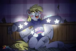 Size: 2700x1800 | Tagged: safe, artist:prismspark, derpibooru import, derpy hooves, pegasus, pony, blush sticker, blushing, braces, clothes, crossover, cute, daaaaaaaaaaaw, doctor who, electrical outlet, female, frog (hoof), gravity falls, lights, mabel pines, mail, mare, plug, sitting, smiling, solo, sonic screwdriver, spread wings, sweater, underhoof, us plug, wings