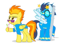 Size: 760x530 | Tagged: safe, artist:dm29, derpibooru import, soarin', spitfire, pony, bloody mary, circling stars, clothes, distracted by the sexy, dizzy, eyes on the prize, female, goggles, layering fail, male, sexy, shipping, simple background, soarinfire, straight, stupid sexy spitfire, transparent background, uniform, wonderbolts, wonderbolts uniform