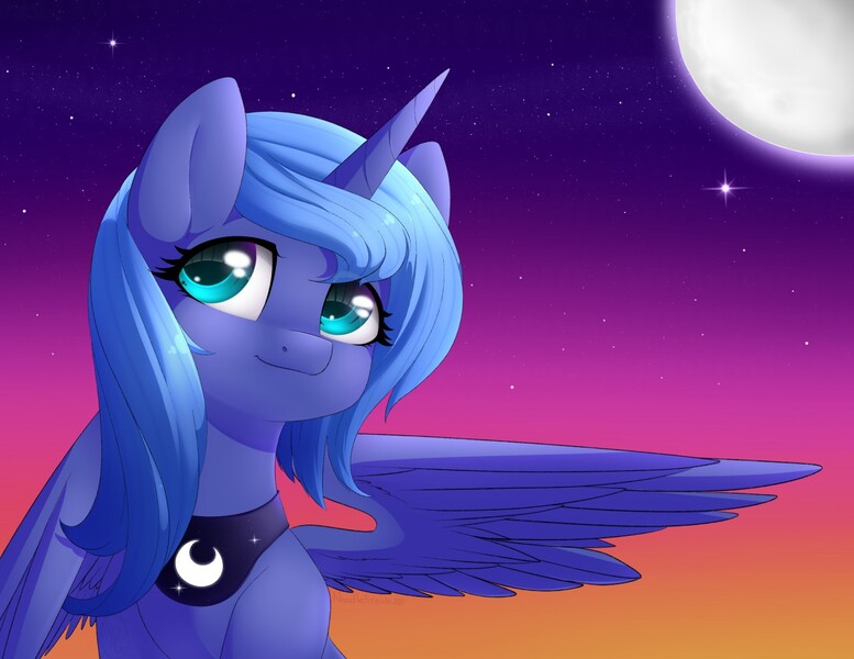 Size: 1280x989 | Tagged: artist:noodlefreak88, derpibooru import, female, filly, moon, princess luna, s1 luna, safe, smiling, solo, stars, twilight (astronomy), woona, younger