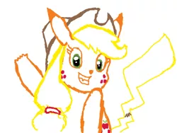 Size: 520x390 | Tagged: applejack, artist:blackjackblack, crossover, derpibooru import, doodle or die, fusion, hybrid, nintendo, pikachu, pikajack, pokefied, pokémon, ponymon, ponymon hybrid, rule 63, safe, simple background, sketch, smiling, solo, video game, waving