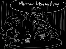 Size: 520x390 | Tagged: safe, artist:mcconnact, derpibooru import, spike, twilight sparkle, twilight sparkle (alicorn), alicorn, pony, alcohol, doodle or die, drinking, female, food, mare, monochrome, scotch