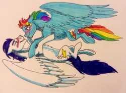 Size: 1280x941 | Tagged: safe, artist:lorelei, derpibooru import, rainbow dash, soarin', pony, backwards cutie mark, blushing, female, male, old cutie mark, shipping, soarindash, straight, traditional art