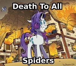 Size: 1024x887 | Tagged: semi-grimdark, artist:pony-berserker, derpibooru import, derpy hooves, rarity, pegasus, pony, caption, female, fire, genocide, grin, i can't believe it's not idw, image macro, insanity, mare, meme, messy mane, mismatched eyes, rarisnap, slasher smile, smiling, text, wide eyes