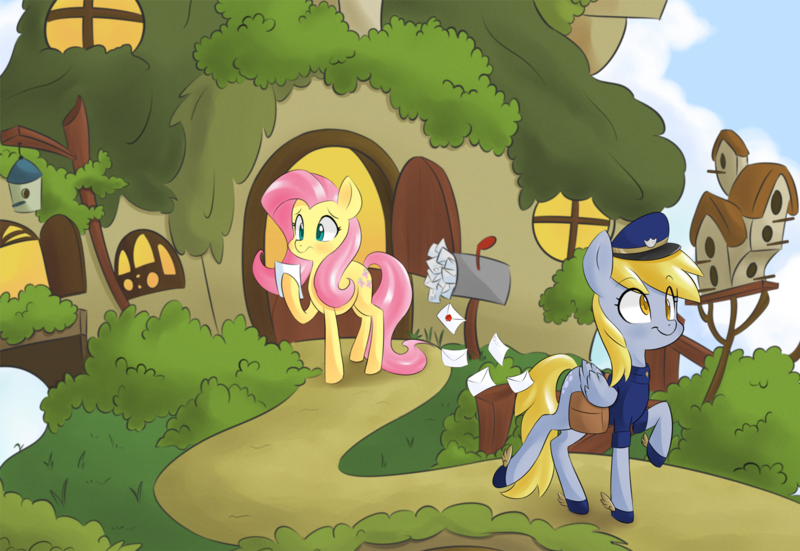 Size: 1500x1034 | Tagged: safe, artist:hidden-cat, derpibooru import, derpy hooves, fluttershy, pegasus, pony, female, fluttershy's cottage, mail, mailbag, mailbox, mailmare, mare