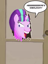 Size: 2552x3340 | Tagged: artist:saburodaimando, creepy, derpibooru import, door, here's johnny, incorrect mane, movie reference, oh crap, safe, starlight glimmer, teeth, the shining