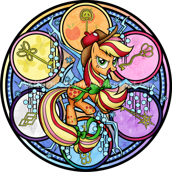 Size: 2100x2100 | Tagged: applejack, artist:akili-amethyst, derpibooru import, dive to the heart, key, keys of harmony, kingdom hearts, looking at you, multicolored hair, open mouth, rainbow hair, rainbow power, rainbow power-ified, rainbow tail, safe, solo, stained glass, tree of harmony, twilight's kingdom