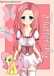 Size: 2500x3500 | Tagged: safe, artist:netamenta, derpibooru import, fluttershy, human, pony, clothes, cute, dress, fluttershy's cutie mark, human ponidox, humanized, self ponidox, shyabetes, solo