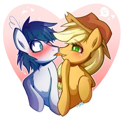 Size: 909x879 | Tagged: safe, artist:mimtii, derpibooru import, applejack, oc, oc:constance everheart, >:3, biting, blushing, canon x oc, commission, everjack, female, heart, male, shipping, straight, tongue bite