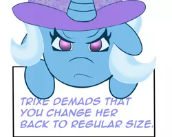 Size: 1280x1024 | Tagged: safe, artist:kaijeno, derpibooru import, trixie, pony, unicorn, angry, blue, can you say no to that face?, clothes, cute, female, hat, mare, pouting, sign, trixie's hat