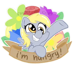 Size: 1000x879 | Tagged: safe, artist:coggler, artist:frog&cog, artist:gopherfrog, derpibooru import, derpy hooves, pegasus, pony, banner, female, floral, flower, hungry, mare, solo