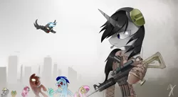 Size: 1968x1081 | Tagged: semi-grimdark, artist:supermare, derpibooru import, derpy hooves, fluttershy, lyra heartstrings, pinkie pie, snails, soarin', thunderlane, oc, pegasus, pony, undead, zombie, zombie pony, assault rifle, call of duty, city, cityscape, commission, crossover, female, gun, looking back, m4 carbine, magpul, mare, rifle, weapon