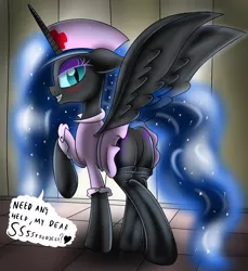 Size: 1100x1200 | Tagged: alternate version, artist:ziemniax, bedroom eyes, blushing, butt, clothes, derpibooru import, dialogue, featureless crotch, female, latex, looking at you, nightbutt, nightmare moon, nurse, plot, series:ziemniax's nurse ponies, sexy, solo, solo female, sssnake talk, stockings, stupid sexy nightmare moon, suggestive, thigh highs