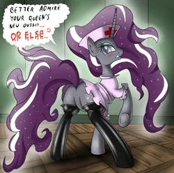 Size: 1026x1018 | Tagged: alternate version, artist:ziemniax, blushing, butt, clothes, derpibooru import, dialogue, featureless crotch, female, latex, looking at you, nightmare rarity, nurse, plot, series:ziemniax's nurse ponies, solo, solo female, stockings, stupid sexy nightmare rarity, suggestive, thigh highs, tsundere