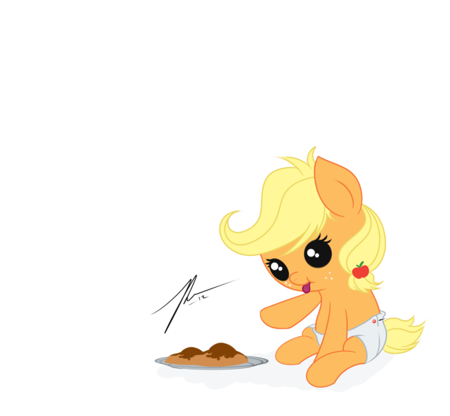 Size: 2700x2500 | Tagged: safe, artist:wreky, derpibooru import, applejack, pony, apple family reunion, apple fritter (food), baby, baby pony, babyjack, cute, diaper, female, filly, foal, food, jackabetes, solo, younger