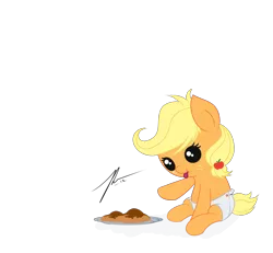 Size: 2700x2500 | Tagged: safe, artist:wreky, derpibooru import, applejack, pony, apple family reunion, apple fritter (food), baby, baby pony, babyjack, cute, diaper, female, filly, foal, food, jackabetes, solo, younger