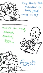 Size: 601x1024 | Tagged: artist:jargon scott, bird, bird pone, clothes, comic, derpibooru import, dialogue, egg (food), food, funny, human, muffin, necktie, oc, oc:anon, oc:jackie, open mouth, safe, sandwich, shocked, suit, unofficial characters only