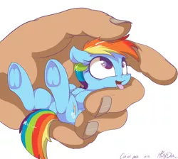Size: 2359x2117 | Tagged: dead source, safe, artist:mistydash, derpibooru import, rainbow dash, human, pony, chest fluff, cute, dashabetes, floppy ears, hand, holding a pony, in goliath's palm, micro, on back, open mouth, size difference, smiling, smoldash, tiny, tiny ponies, tongue out, underhoof
