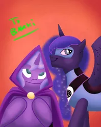 Size: 1658x2093 | Tagged: artist:lukemgh, bakki, blue lantern, blue lantern corps, derpibooru import, female, filly, princess luna, raven (teen titans), safe, woona, younger