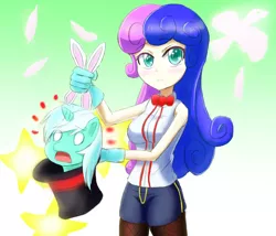 Size: 1264x1080 | Tagged: safe, artist:jumboz95, derpibooru import, bon bon, lyra heartstrings, sweetie drops, pony, unicorn, all's fair in love and friendship games, equestria girls, bowtie, breasts, bunny ears, busty bon bon, clothes, female, fishnets, gloves, hat, magic, magic trick, mare, stars, top hat, wide eyes