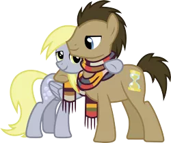 Size: 2334x1948 | Tagged: safe, artist:davidsfire, derpibooru import, derpy hooves, doctor whooves, time turner, pony, slice of life (episode), clothes, hug, male, scarf, simple background, stallion, transparent background