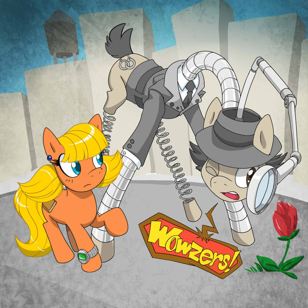 Size: 800x800 | Tagged: safe, artist:kandlin, derpibooru import, ponified, cyborg, pony, city, flower, inspector gadget, penny, penny (inspector gadget), penny gadget, rose