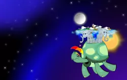 Size: 1900x1200 | Tagged: artist:pixelkitties, crossover, derpibooru import, discworld, elephant, equestria, flat world, great a'tuin, hat, moon, photoshop, safe, space, sun, tank, umbrella hat