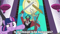 Size: 1280x720 | Tagged: derpibooru import, discord, edit, edited screencap, exploitable meme, is this supposed to be humorous, lord tirek, meme, role reversal, safe, screencap, stained glass, twilight's kingdom, twilight sparkle
