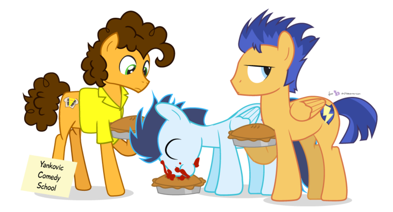 Size: 1040x560 | Tagged: safe, artist:dm29, derpibooru import, cheese sandwich, flash sentry, soarin', pony, comedy school, food, pie, simple background, that pony sure does love pies, training, transparent background, trio, voice actor joke, weird al yankovic