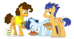 Size: 1040x560 | Tagged: safe, artist:dm29, derpibooru import, cheese sandwich, flash sentry, soarin', pony, comedy school, food, pie, simple background, that pony sure does love pies, training, transparent background, trio, voice actor joke, weird al yankovic