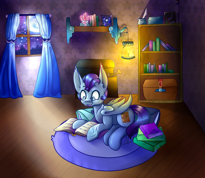 Size: 1280x1109 | Tagged: safe, artist:mdragonflame, derpibooru import, princess luna, oc, oc:wax n' wane, bat pony, pony, commission, cute, moon, moonlight, old cutie mark, reading, smiling, solo, wings