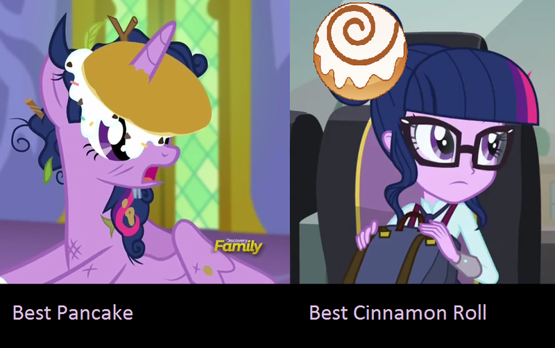 Size: 898x564 | Tagged: safe, derpibooru import, sci-twi, twilight sparkle, twilight sparkle (alicorn), alicorn, castle sweet castle, equestria girls, friendship games, cinnamon bun, comparison, food, i'm pancake, pancakes