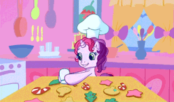 Size: 740x435 | Tagged: animated, chef's hat, cookie, cooking, cute, derpibooru import, diasweetes, food, g3.5, hat, safe, screencap, solo, sweetie belle, waiting for the winter wishes festival