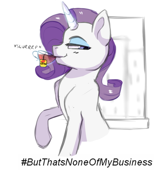 Size: 995x1080 | Tagged: artist:8bitamy, but that's none of my business, derpibooru import, drinking, iced tea, levitation, magic, meme, parody, raised hoof, rarity, reaction image, safe, slurp, smugity, solo, telekinesis