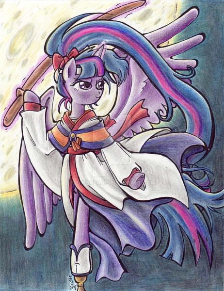 Size: 900x1168 | Tagged: alicorn, artist:oriwhitedeer, clothes, crossover, derpibooru import, kimono (clothing), outlaw star, ribbon, safe, semi-anthro, solo, suzuka, twilight sparkle, twilight sparkle (alicorn), weapon