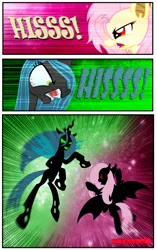 Size: 929x1477 | Tagged: safe, artist:ponymaan, derpibooru import, fluttershy, queen chrysalis, bat pony, changeling, comic:by skywalker's hand, comic:lyra-lyra's bizarre adventure, equestria girls, rainbow rocks, bat ponified, comic, fight, flutterbat, hissing, race swap, stand