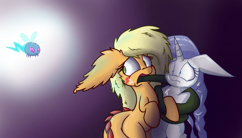 Size: 1204x688 | Tagged: applejack, artist:heir-of-rick, clarity, crystal pony, derpibooru import, floppy ears, miss pie's monsters, monster pony, original species, rarity, safe, scared, species swap, tatzljack, tatzlpony, tentacles, tentacle tongue, twittermite