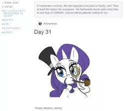Size: 719x644 | Tagged: anonymous, artist:furseiseki, beard, darling, derpibooru import, fabulous, facial hair, hat, hiatus, is my little pony: friendship is magic still on hiatus?, monocle, monocle and top hat, moustache, pipe, raritember, rarity, safe, simple background, smoking, solo, top hat, tumblr