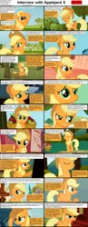 Size: 1282x3304 | Tagged: safe, derpibooru import, applejack, earth pony, pony, comic:celestia's servant interview, apple, apple tree, blushing, caption, comic, cs captions, female, floppy ears, food, hat, hilarious in hindsight, interview, mare, ponyville, solo, sweet apple acres, tree