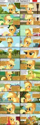 Size: 1282x4018 | Tagged: safe, derpibooru import, applejack, earth pony, pony, comic:celestia's servant interview, apple, apple tree, blushing, caption, comic, cs captions, female, floppy ears, food, hat, interview, mare, ponyville, sweet apple acres, tree