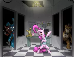 Size: 1061x816 | Tagged: artist:metal-kitty, bonnie, chica, control room, crossover, derpibooru import, five nights at freddy's, five nights at pinkie's, fox, foxy, freddy fazbear, golden freddy, marionette, pinkie pie, plushtrap, semi-grimdark, singing, standing, the puppet, this will end in death, toy bonnie