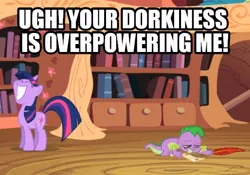 Size: 540x377 | Tagged: adorkable, caption, cute, derpibooru import, dork, hitchhiker's guide to the galaxy, image macro, meme, safe, screencap, spike, text, twilight sparkle