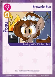Size: 788x1088 | Tagged: safe, artist:tjpones, derpibooru import, oc, oc:brownie bun, unofficial characters only, earth pony, pony, horse wife, twilight sparkle's secret shipfic folder, arrow, bust, card, cheek fluff, ear fluff, female, fire, kitchen, mare, neck fluff, solo, text